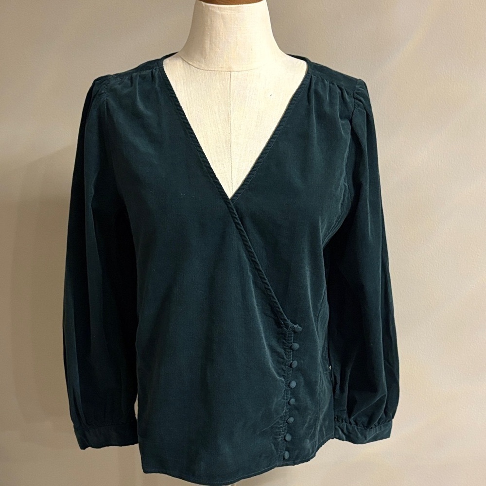 Madewell corduroy Kingston Deep Green buttoned Wrap top blouse 3/4 balloon slv